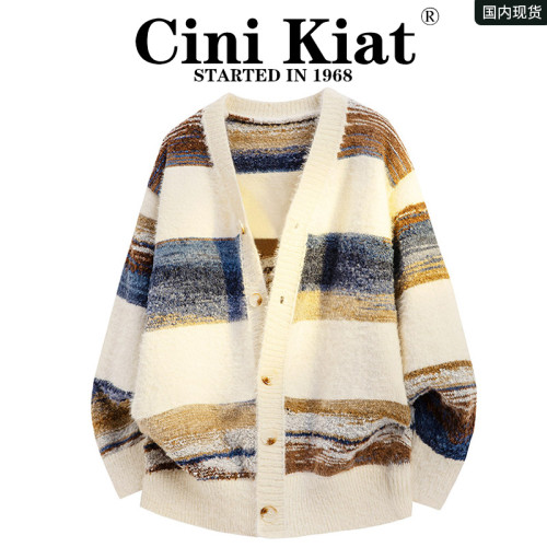 CiniKiat美式復古條紋針織開衫男春秋情侶寬鬆潮流休閒百搭毛衣衫