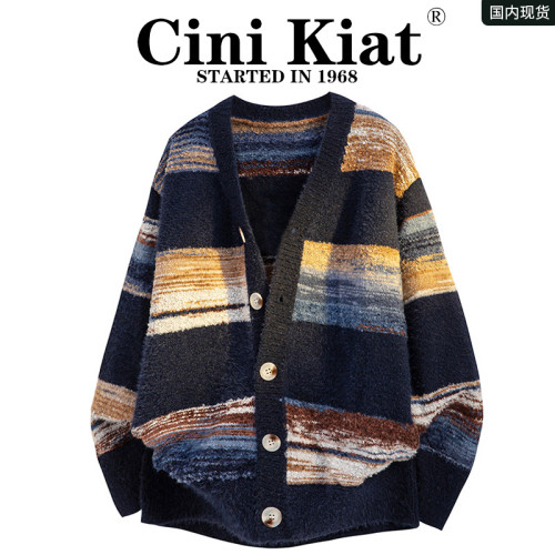 CiniKiat美式復古條紋針織開衫男春秋情侶寬鬆潮流休閒百搭毛衣衫