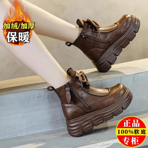 萬達品牌撤櫃真皮馬丁靴女2025冬新款加絨保暖棉靴防滑厚底雪地靴