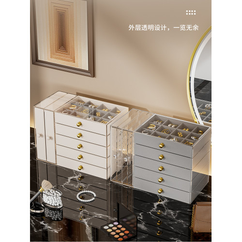 新款透明抽屜式絨布首飾收納盒耳環耳釘項鍊手飾品多層首飾收納箱