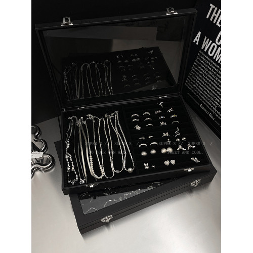 高級感大容量絲絨透明首飾盒項鍊戒指耳環防氧化防塵收納盒飾品盒