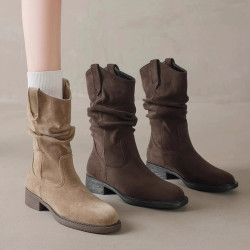 英倫風中筒短靴子女2025新款夏秋季西部牛仔堆堆靴粗跟百搭馬丁靴