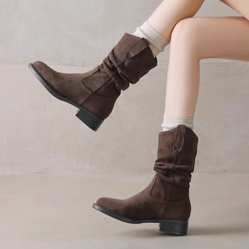 英倫風中筒短靴子女2025新款夏秋季西部牛仔堆堆靴粗跟百搭馬丁靴