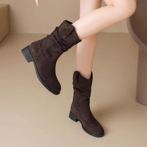 英倫風中筒短靴子女2025新款夏秋季西部牛仔堆堆靴粗跟百搭馬丁靴