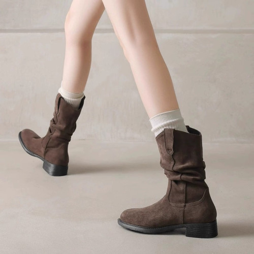 英倫風中筒短靴子女2025新款夏秋季西部牛仔堆堆靴粗跟百搭馬丁靴