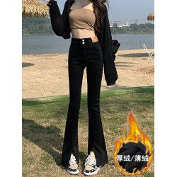 韓國黑色前開叉微喇叭牛仔褲女2025年秋冬加絨修身高腰拖地喇叭褲