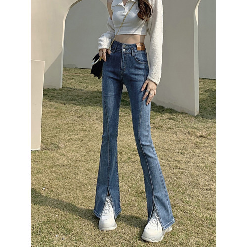 韓國黑色前開叉微喇叭牛仔褲女2025年秋冬加絨修身高腰拖地喇叭褲 韓國黑色前開叉微喇叭牛仔褲女2025年秋冬加絨修身高腰拖地喇叭褲