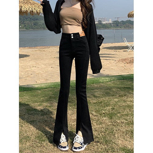 韓國黑色前開叉微喇叭牛仔褲女2025年秋冬加絨修身高腰拖地喇叭褲 韓國黑色前開叉微喇叭牛仔褲女2025年秋冬加絨修身高腰拖地喇叭褲