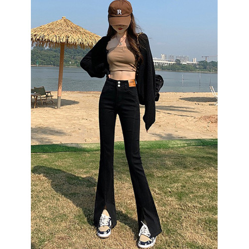韓國黑色前開叉微喇叭牛仔褲女2025年秋冬加絨修身高腰拖地喇叭褲 韓國黑色前開叉微喇叭牛仔褲女2025年秋冬加絨修身高腰拖地喇叭褲