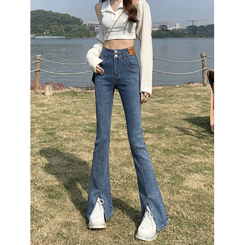 韓國黑色前開叉微喇叭牛仔褲女2025年秋冬加絨修身高腰拖地喇叭褲 韓國黑色前開叉微喇叭牛仔褲女2025年秋冬加絨修身高腰拖地喇叭褲