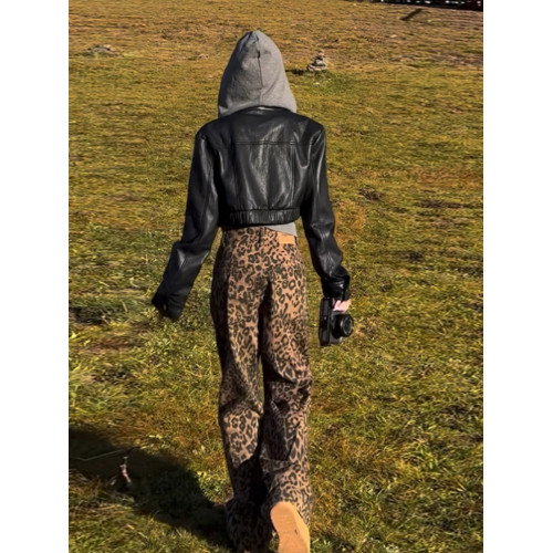 拉夏貝爾美式棕豹紋牛仔褲女2026春季新款顯瘦直筒寬鬆濶腿褲子