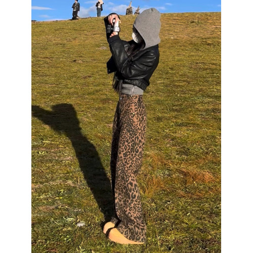 拉夏貝爾美式棕豹紋牛仔褲女2026春季新款顯瘦直筒寬鬆濶腿褲子