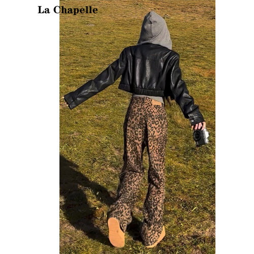 拉夏貝爾美式棕豹紋牛仔褲女2026春季新款顯瘦直筒寬鬆濶腿褲子