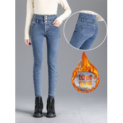 2025年修身顯瘦秋冬女褲超高腰加絨牛仔褲女彈力緊身鉛筆小腳褲子