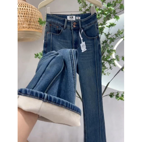 加絨加厚復古藍微喇牛仔褲女秋冬2025年新款小個子高腰顯瘦喇叭褲