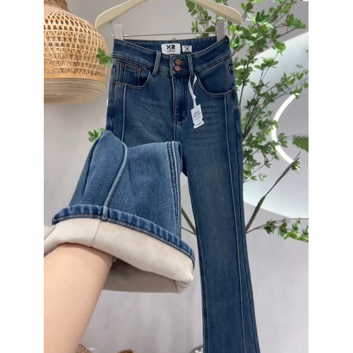 加絨加厚復古藍微喇牛仔褲女秋冬2025年新款小個子高腰顯瘦喇叭褲