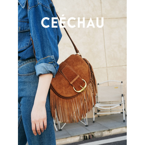 CEECHAU 2026新款時髦磨砂流蘇包馬鞍包真皮斜背小衆個性女包包