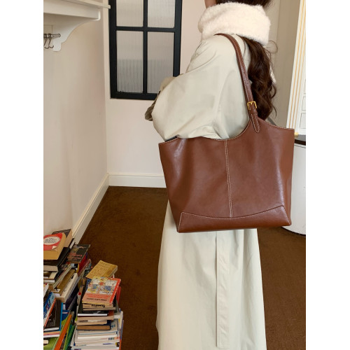 大包包女韓版簡約通勤植鞣單肩包 復古百搭大容量托特包可折曡