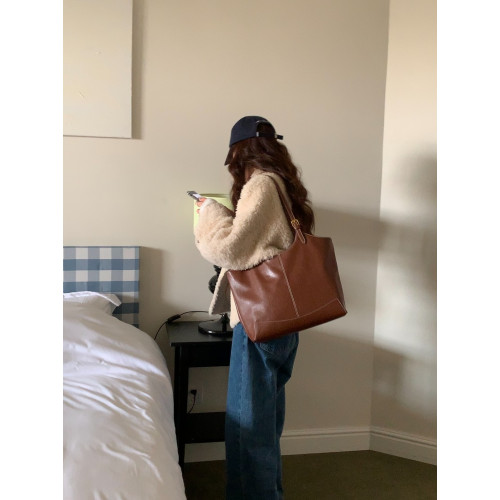 大包包女韓版簡約通勤植鞣單肩包 復古百搭大容量托特包可折曡