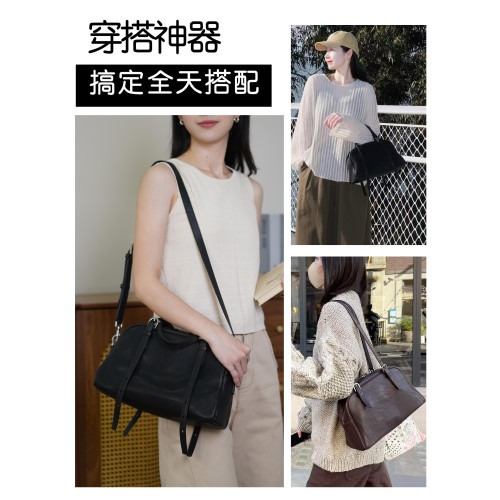 植鞣羊皮悠悠保齡球包包大容量真皮手提單肩腋下通勤斜背黑色女包