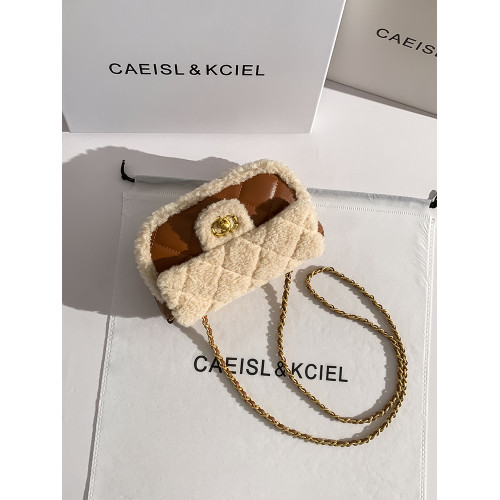 CAEISL&KCIEL女包小衆羊羔毛菱格小方包女2025新款秋冬復古斜後後背包