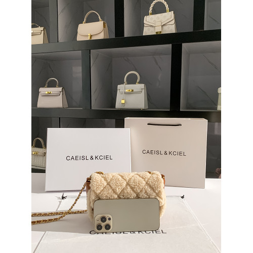 CAEISL&KCIEL女包小衆羊羔毛菱格小方包女2025新款秋冬復古斜後後背包