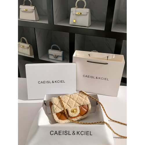 CAEISL&KCIEL女包小衆羊羔毛菱格小方包女2025新款秋冬復古斜後後背包
