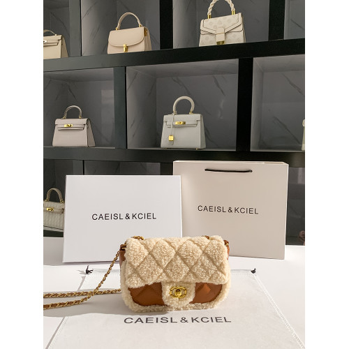 CAEISL&KCIEL女包小衆羊羔毛菱格小方包女2025新款秋冬復古斜後後背包