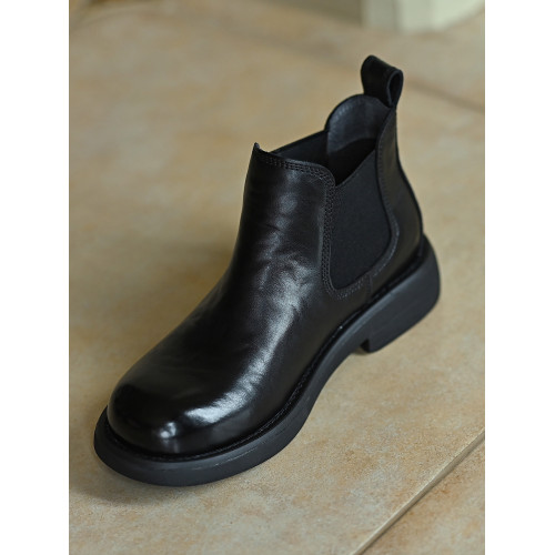 何其醜 黑色牛皮一腳蹬切爾西短靴女皮靴 2025新款秋冬矮筒女靴子 何其醜 黑色牛皮一腳蹬切爾西短靴女皮靴 2025新款秋冬矮筒女靴子