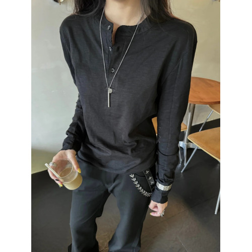 美式亨利領cleanfit刺綉內搭彎刀長袖T恤男春秋季修身衛衣打底衫