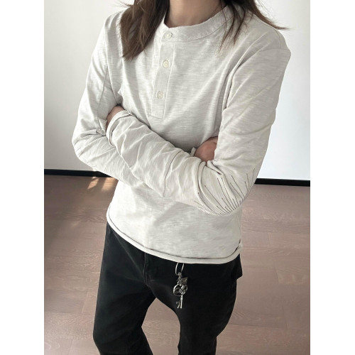 美式亨利領cleanfit刺綉內搭彎刀長袖T恤男春秋季修身衛衣打底衫