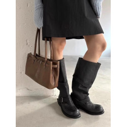 張元英同款皮帶釦堆堆靴粗跟復古做舊中筒靴韓版靴子小衆工裝靴女