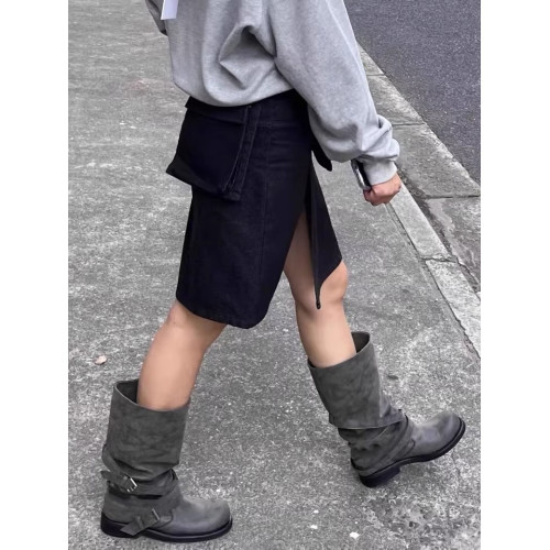 張元英同款皮帶釦堆堆靴粗跟復古做舊中筒靴韓版靴子小衆工裝靴女 張元英同款皮帶釦堆堆靴粗跟復古做舊中筒靴韓版靴子小衆工裝靴女