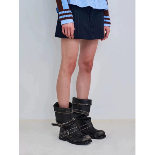 張元英同款皮帶釦堆堆靴粗跟復古做舊中筒靴韓版靴子小衆工裝靴女 張元英同款皮帶釦堆堆靴粗跟復古做舊中筒靴韓版靴子小衆工裝靴女