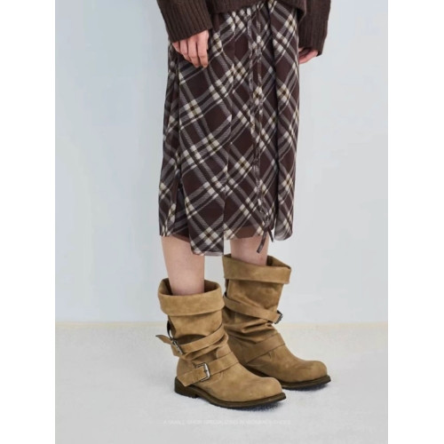 張元英同款皮帶釦堆堆靴粗跟復古做舊中筒靴韓版靴子小衆工裝靴女 張元英同款皮帶釦堆堆靴粗跟復古做舊中筒靴韓版靴子小衆工裝靴女