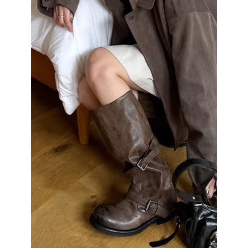 張元英同款皮帶釦堆堆靴粗跟復古做舊中筒靴韓版靴子小衆工裝靴女 張元英同款皮帶釦堆堆靴粗跟復古做舊中筒靴韓版靴子小衆工裝靴女