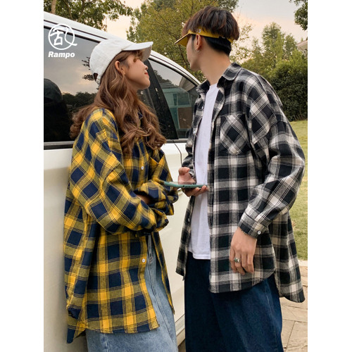 黑白格子襯衫男裝學生上衣休閒青少年情侶襯衣服帥氣百搭磨毛外套
