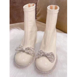 白色短靴女圓頭2025年秋季新款水鑽蝴蝶結高跟馬丁靴粗跟單靴子