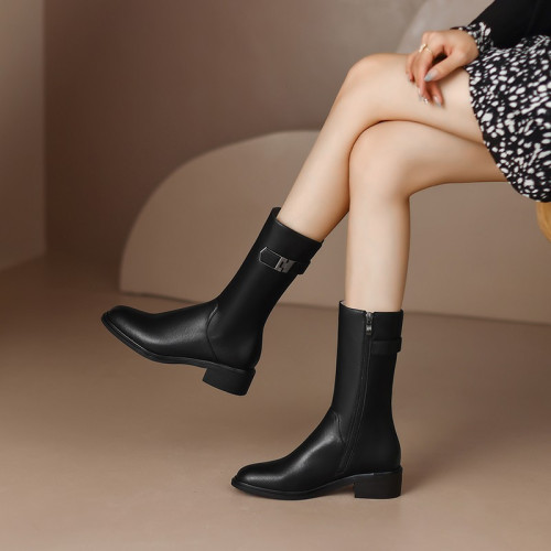 法式2024年秋冬新款復古短靴中跟平底中筒靴女真皮圓頭粗跟馬丁靴 法式2024年秋冬新款復古短靴中跟平底中筒靴女真皮圓頭粗跟馬丁靴