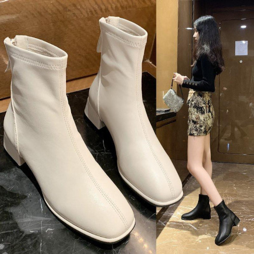 軟皮中跟米色小短靴女2024新款春秋百搭馬丁靴時尚方頭粗跟瘦瘦靴
