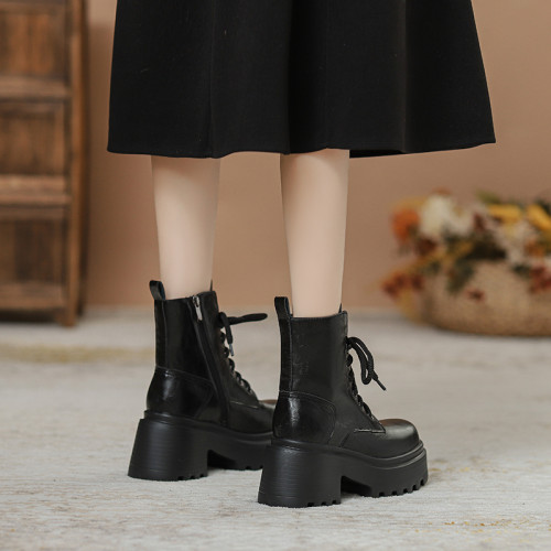 小個子真皮馬丁靴女秋冬季加絨厚底內增高女靴棕色爆款英倫風短靴