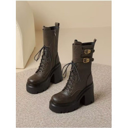 中筒靴子女粗跟厚底2025年秋英倫風復古卡其色騎士靴超高跟馬丁靴