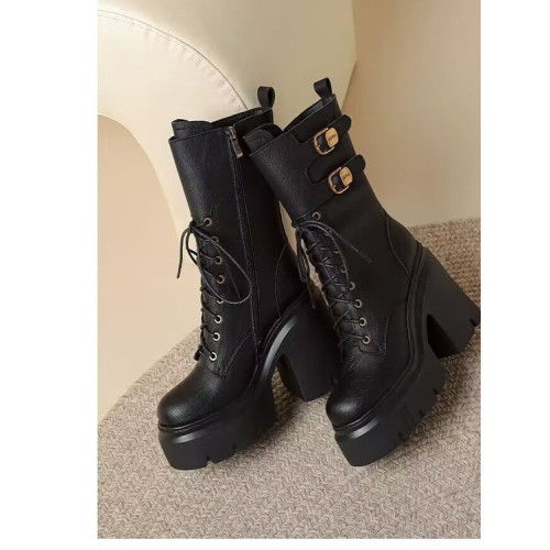 中筒靴子女粗跟厚底2025年秋英倫風復古卡其色騎士靴超高跟馬丁靴