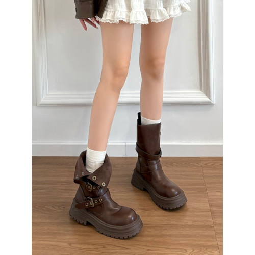 牛皮版~真皮厚底美拉德中筒短靴女2025新款英倫風復古棕色馬丁靴