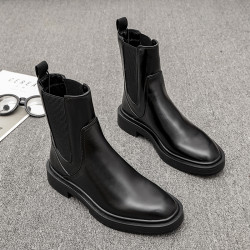 歐洲站2025冬季新款圓頭真皮粗跟切爾西靴英倫風平底及裸靴短靴女