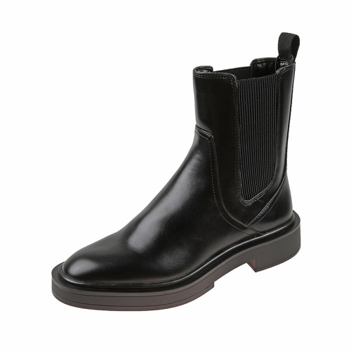 歐洲站2025冬季新款圓頭真皮粗跟切爾西靴英倫風平底及裸靴短靴女 歐洲站2025冬季新款圓頭真皮粗跟切爾西靴英倫風平底及裸靴短靴女