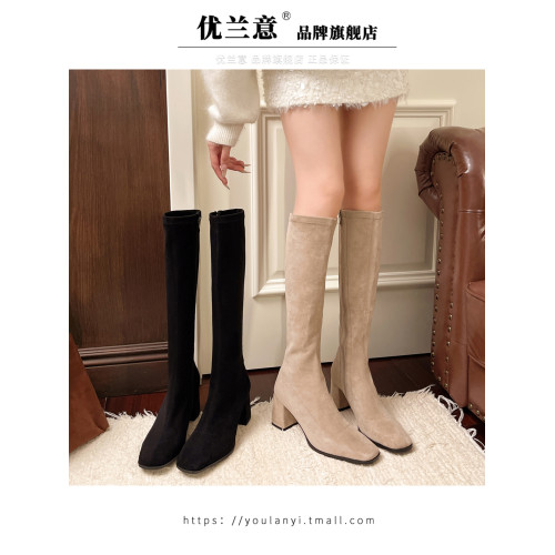 方頭過膝靴子粗跟彈力靴女長筒靴2026新款秋冬季高跟顯瘦高筒靴潮 方頭過膝靴子粗跟彈力靴女長筒靴2026新款秋冬季高跟顯瘦高筒靴潮