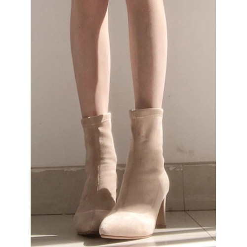 杏色高跟短靴女2025年秋冬新款百搭絨面尖頭高跟鞋粗跟彈力襪子靴 杏色高跟短靴女2025年秋冬新款百搭絨面尖頭高跟鞋粗跟彈力襪子靴