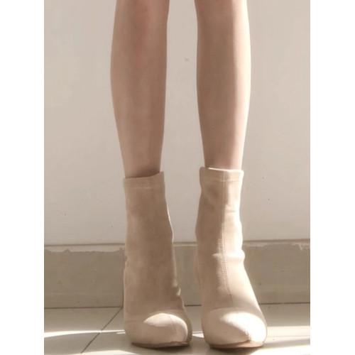 杏色高跟短靴女2025年秋冬新款百搭絨面尖頭高跟鞋粗跟彈力襪子靴 杏色高跟短靴女2025年秋冬新款百搭絨面尖頭高跟鞋粗跟彈力襪子靴