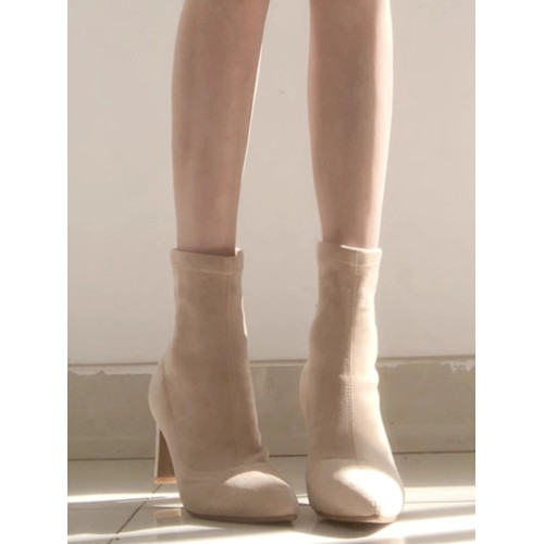 杏色高跟短靴女2025年秋冬新款百搭絨面尖頭高跟鞋粗跟彈力襪子靴 杏色高跟短靴女2025年秋冬新款百搭絨面尖頭高跟鞋粗跟彈力襪子靴